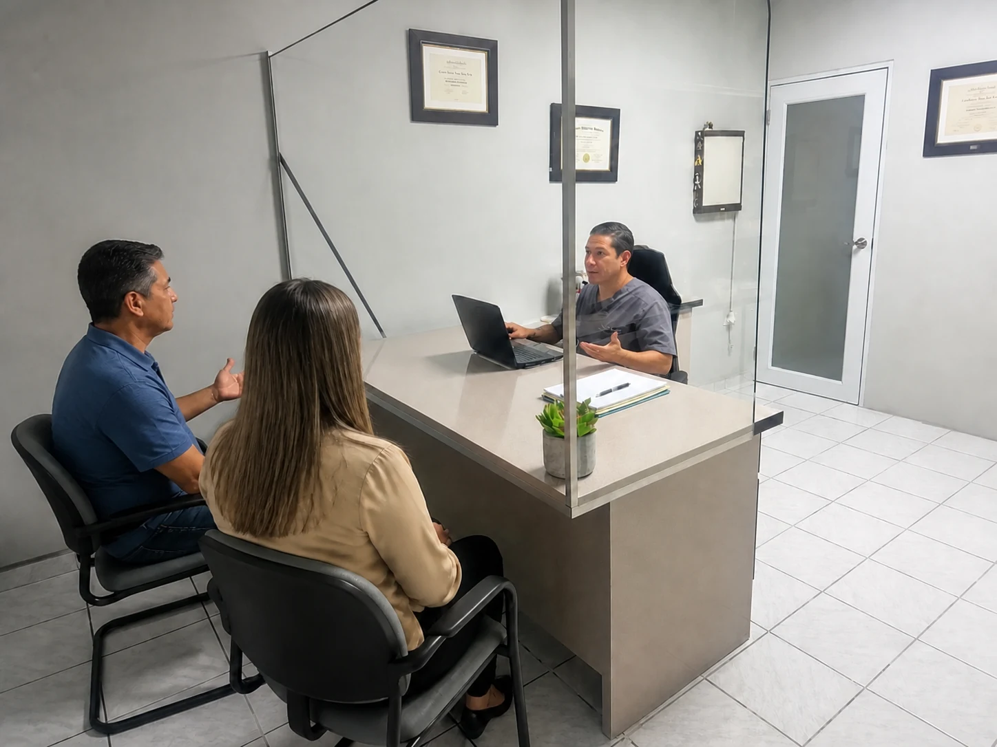 El Dr. Ronald Vigo conversando con un hombre y una mujer adultos ficticios en la oficina de Añasco